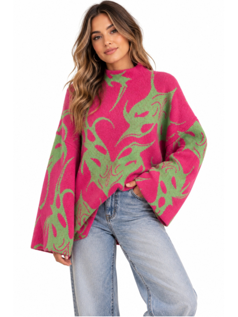 AKIRA Neon Pink Lime Green Oversized Sweater Mini Dress Y2K S/M